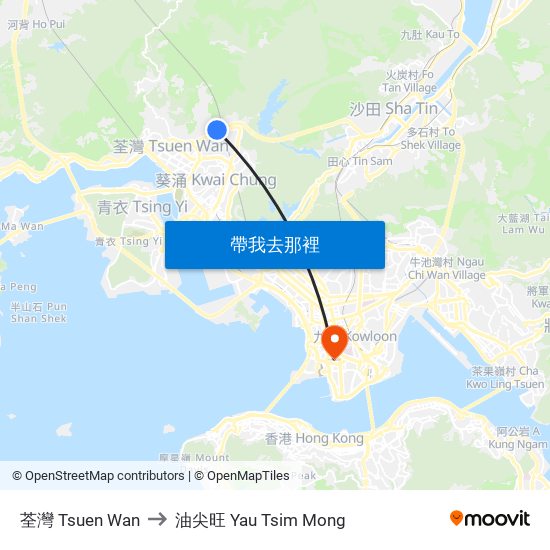 荃灣 Tsuen Wan to 油尖旺 Yau Tsim Mong map