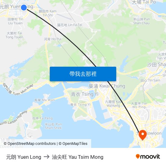 元朗 Yuen Long to 油尖旺 Yau Tsim Mong map