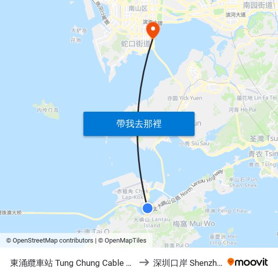 東涌纜車站 Tung Chung Cable Car Terminal to 深圳口岸 Shenzhen Port map