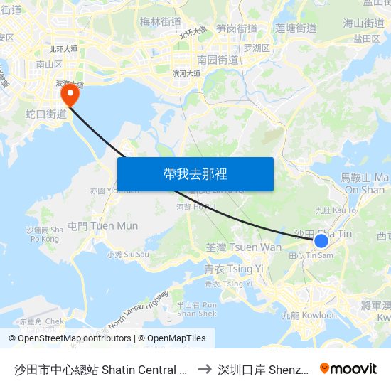 沙田市中心總站 Shatin Central Bus Terminus to 深圳口岸 Shenzhen Port map