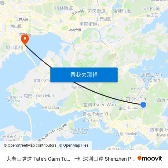 大老山隧道 Tate's Cairn Tunnel to 深圳口岸 Shenzhen Port map