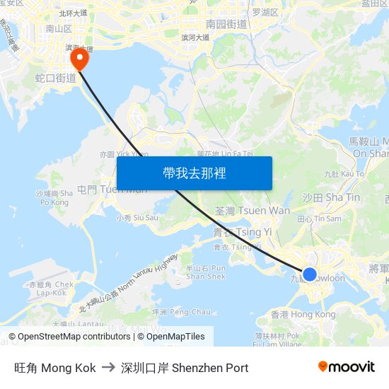 旺角 Mong Kok to 深圳口岸 Shenzhen Port map