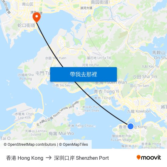 香港 Hong Kong to 深圳口岸 Shenzhen Port map
