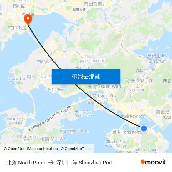 北角 North Point to 深圳口岸 Shenzhen Port map