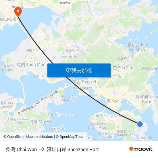 柴灣 Chai Wan to 深圳口岸 Shenzhen Port map