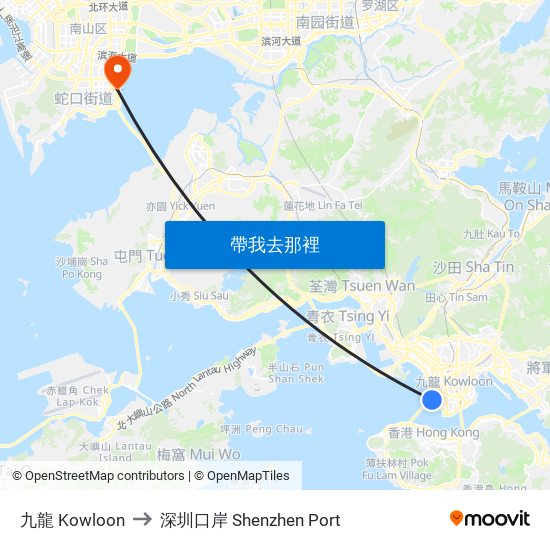 九龍 Kowloon to 深圳口岸 Shenzhen Port map