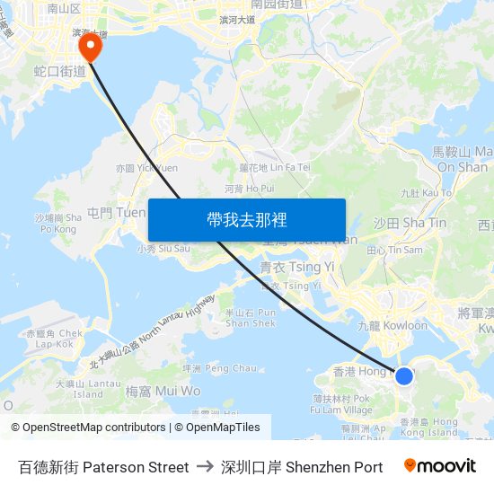 百德新街 Paterson Street to 深圳口岸 Shenzhen Port map