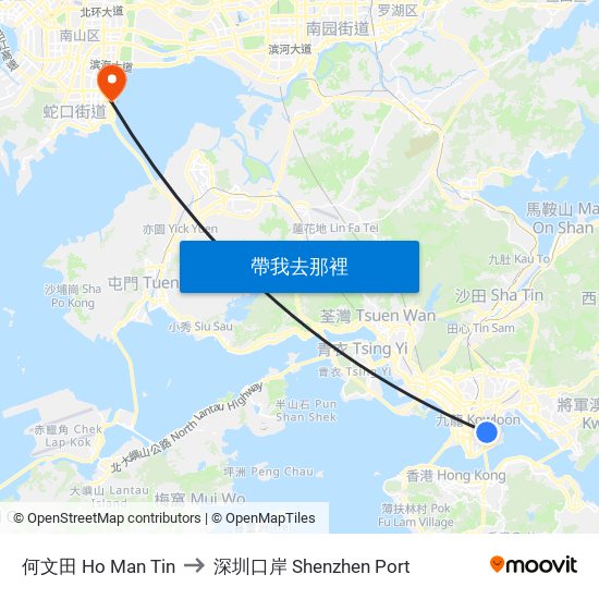 何文田 Ho Man Tin to 深圳口岸 Shenzhen Port map