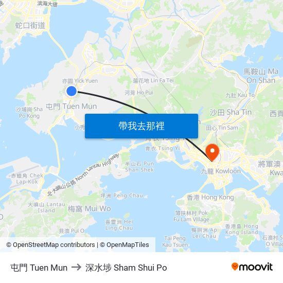 屯門 Tuen Mun to 深水埗 Sham Shui Po map