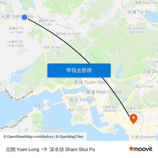 元朗 Yuen Long to 深水埗 Sham Shui Po map