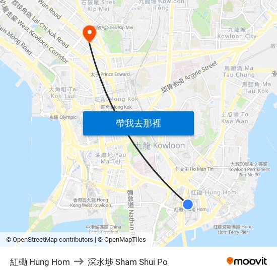 紅磡 Hung Hom to 深水埗 Sham Shui Po map