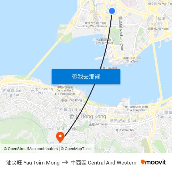 油尖旺 Yau Tsim Mong to 中西區 Central And Western map