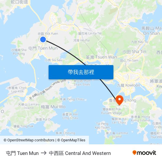 屯門 Tuen Mun to 中西區 Central And Western map