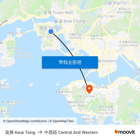 葵興 Kwai Tsing to 中西區 Central And Western map