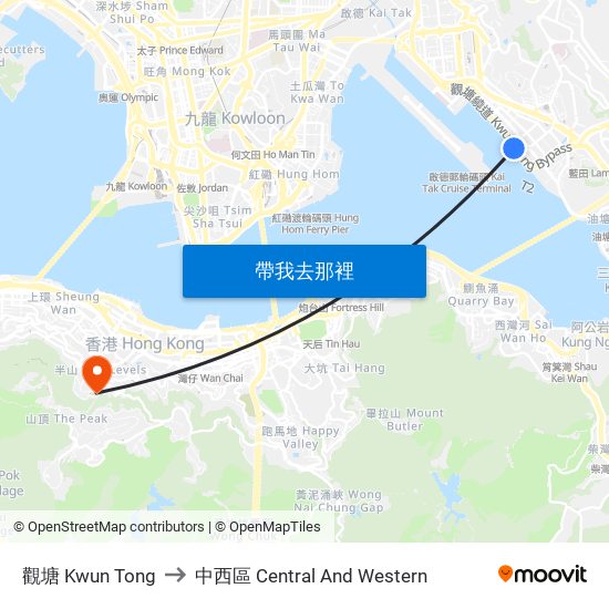 觀塘 Kwun Tong to 中西區 Central And Western map