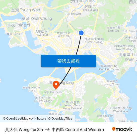 黃大仙 Wong Tai Sin to 中西區 Central And Western map