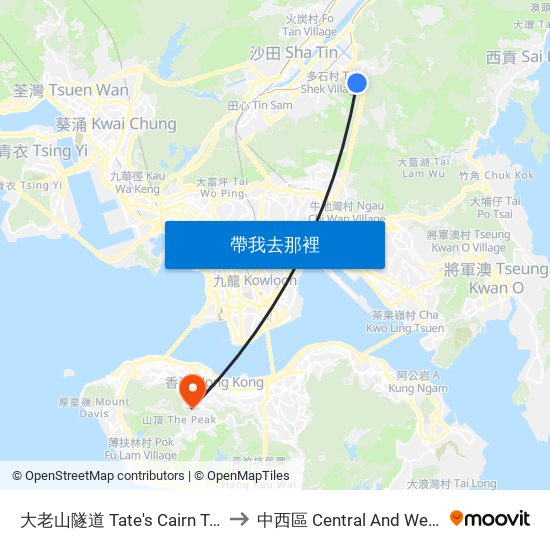 大老山隧道 Tate's Cairn Tunnel to 中西區 Central And Western map