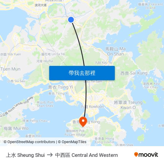 上水 Sheung Shui to 中西區 Central And Western map