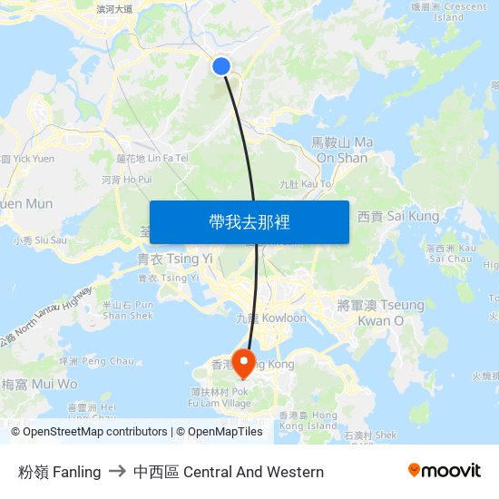 粉嶺 Fanling to 中西區 Central And Western map