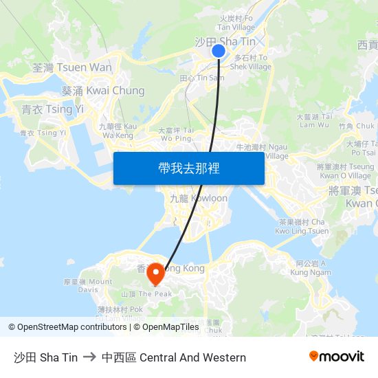 沙田 Sha Tin to 中西區 Central And Western map