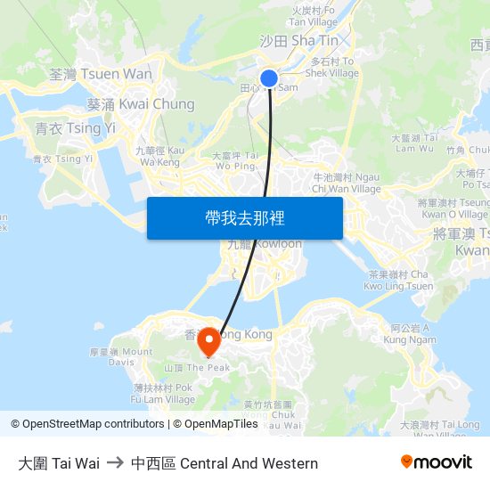 大圍 Tai Wai to 中西區 Central And Western map