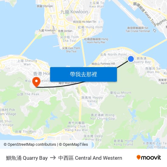 鰂魚涌 Quarry Bay to 中西區 Central And Western map