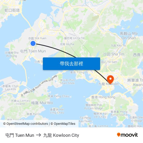 屯門 Tuen Mun to 九龍 Kowloon City map