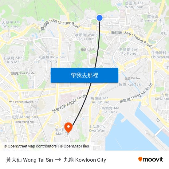 黃大仙 Wong Tai Sin to 九龍 Kowloon City map