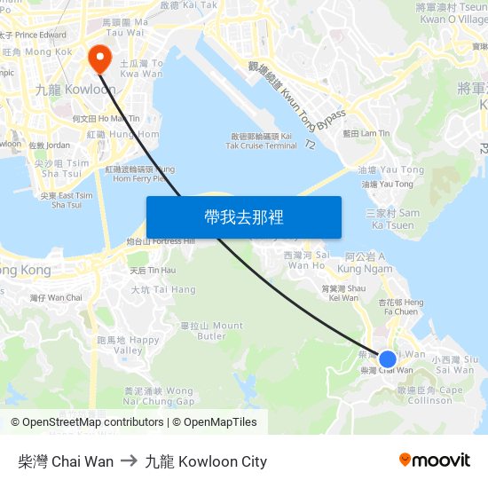 柴灣 Chai Wan to 九龍 Kowloon City map