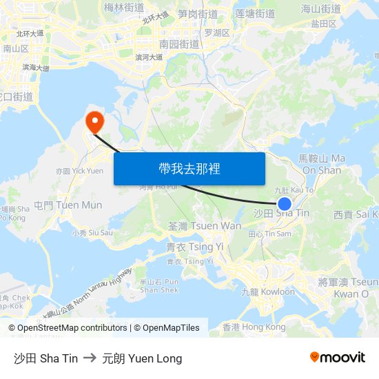 沙田 Sha Tin to 元朗 Yuen Long map