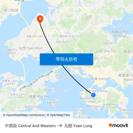 中西區 Central And Western to 元朗 Yuen Long map