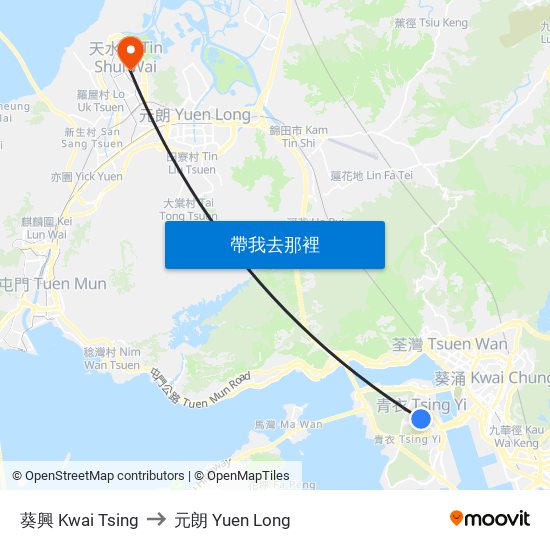葵興 Kwai Tsing to 元朗 Yuen Long map