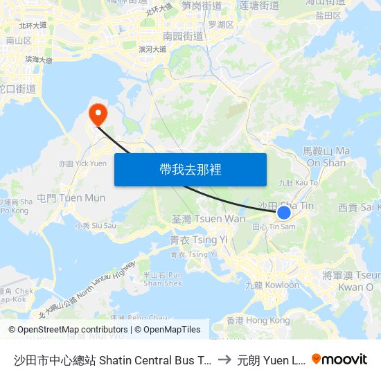 沙田市中心總站 Shatin Central Bus Terminus to 元朗 Yuen Long map