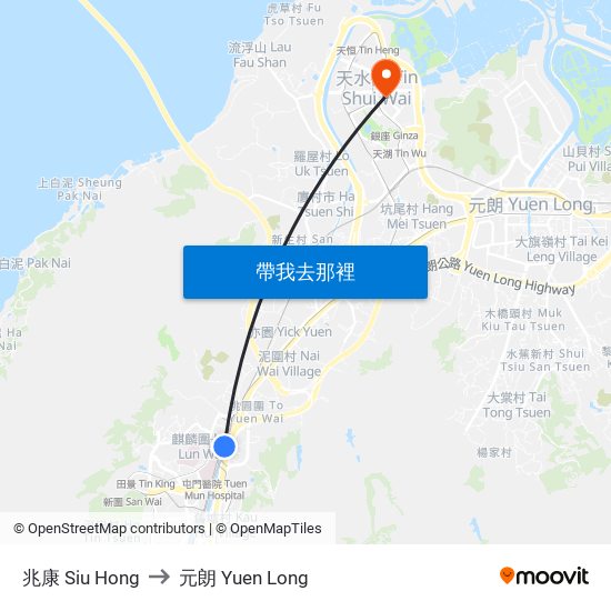 兆康 Siu Hong to 元朗 Yuen Long map