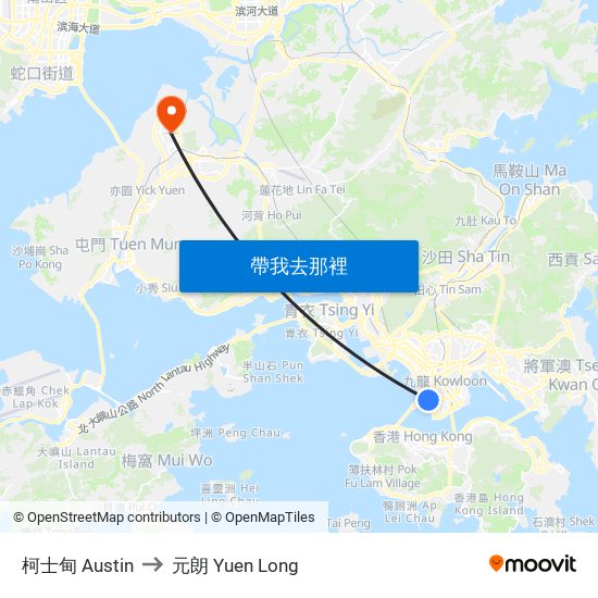 柯士甸 Austin to 元朗 Yuen Long map