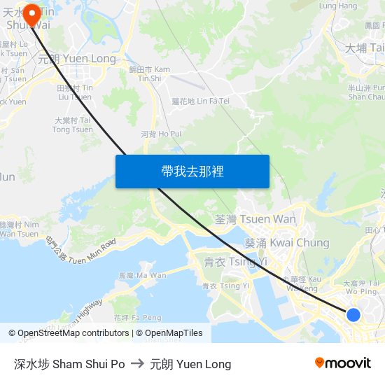 深水埗 Sham Shui Po to 元朗 Yuen Long map