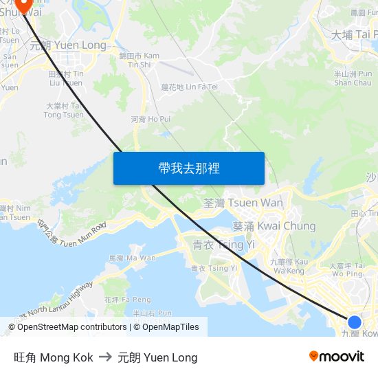 旺角 Mong Kok to 元朗 Yuen Long map