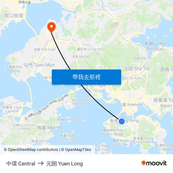中環 Central to 元朗 Yuen Long map