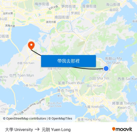 大學 University to 元朗 Yuen Long map