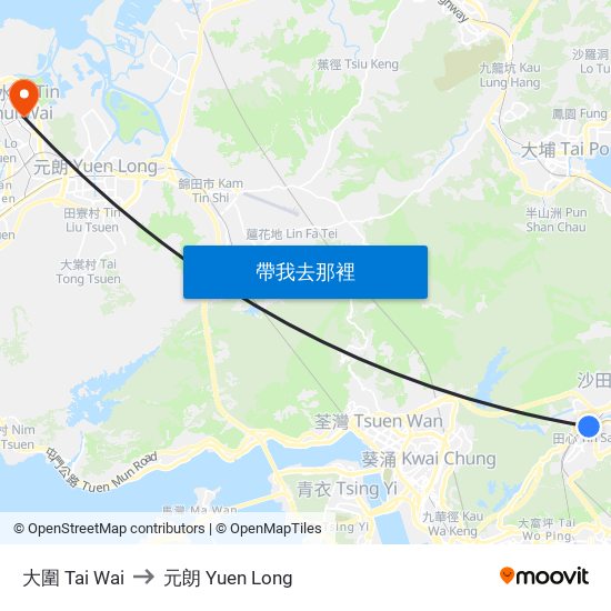 大圍 Tai Wai to 元朗 Yuen Long map