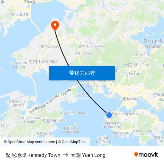 堅尼地城 Kennedy Town to 元朗 Yuen Long map