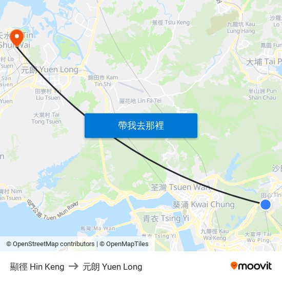 顯徑 Hin Keng to 元朗 Yuen Long map