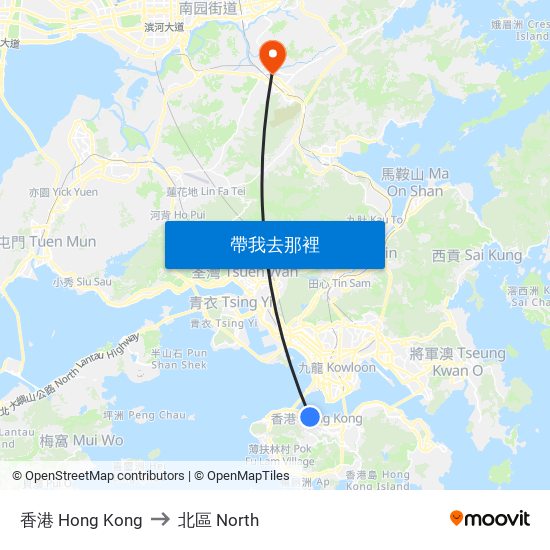 香港 Hong Kong to 北區 North map