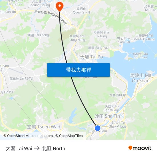 大圍 Tai Wai to 北區 North map