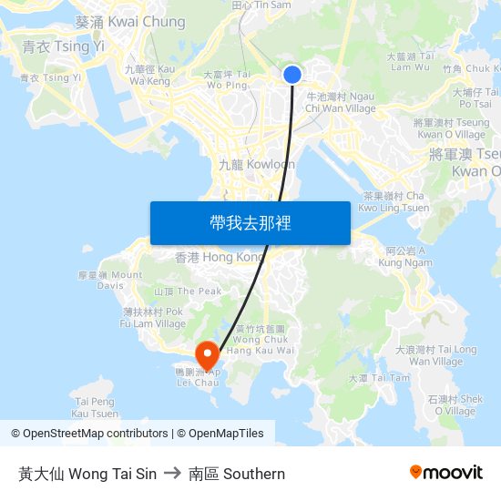 黃大仙 Wong Tai Sin to 南區 Southern map