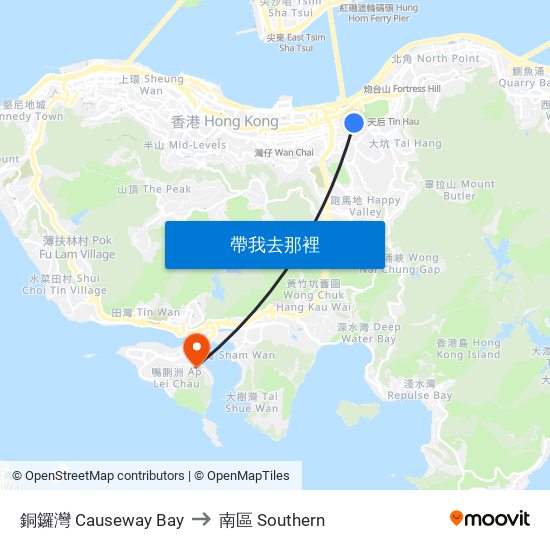 銅鑼灣 Causeway Bay to 南區 Southern map