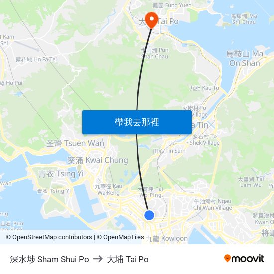 深水埗 Sham Shui Po to 大埔 Tai Po map