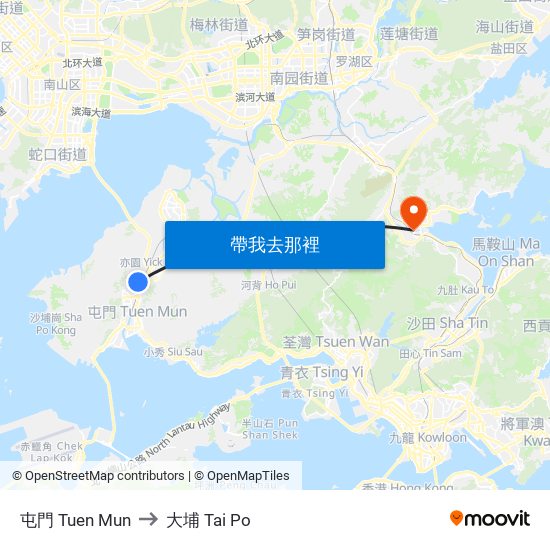 屯門 Tuen Mun to 大埔 Tai Po map