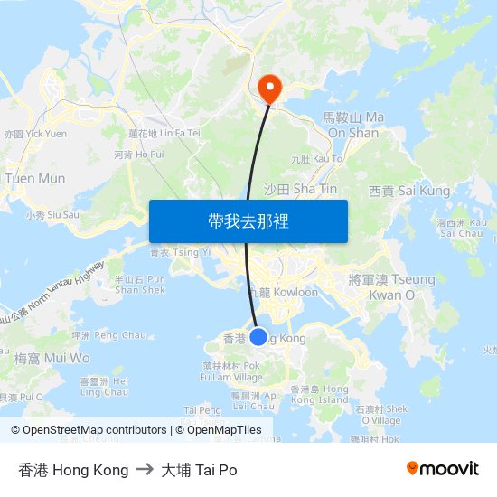 香港 Hong Kong to 大埔 Tai Po map
