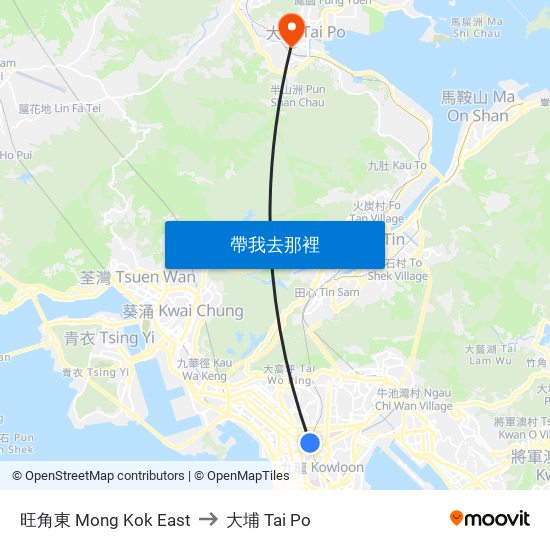 旺角東 Mong Kok East to 大埔 Tai Po map